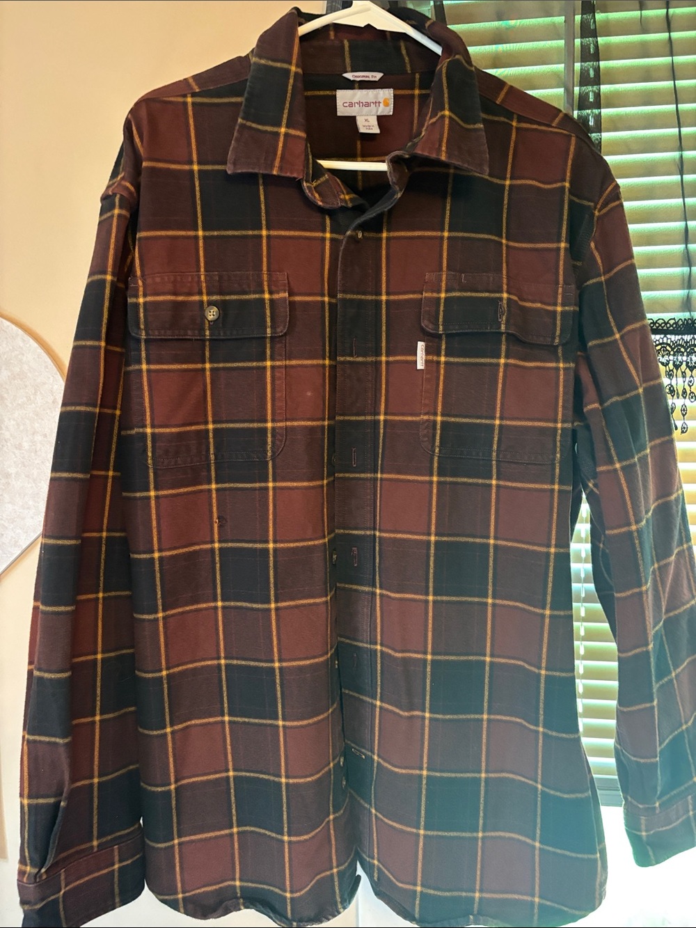 Carhartt Brown, Black & Yellow Plaid Flannel Work Shirt
